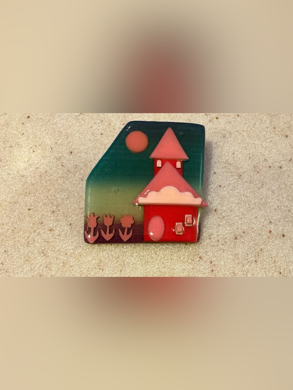 Pink and Green Enamel House Brooch -Lucinda